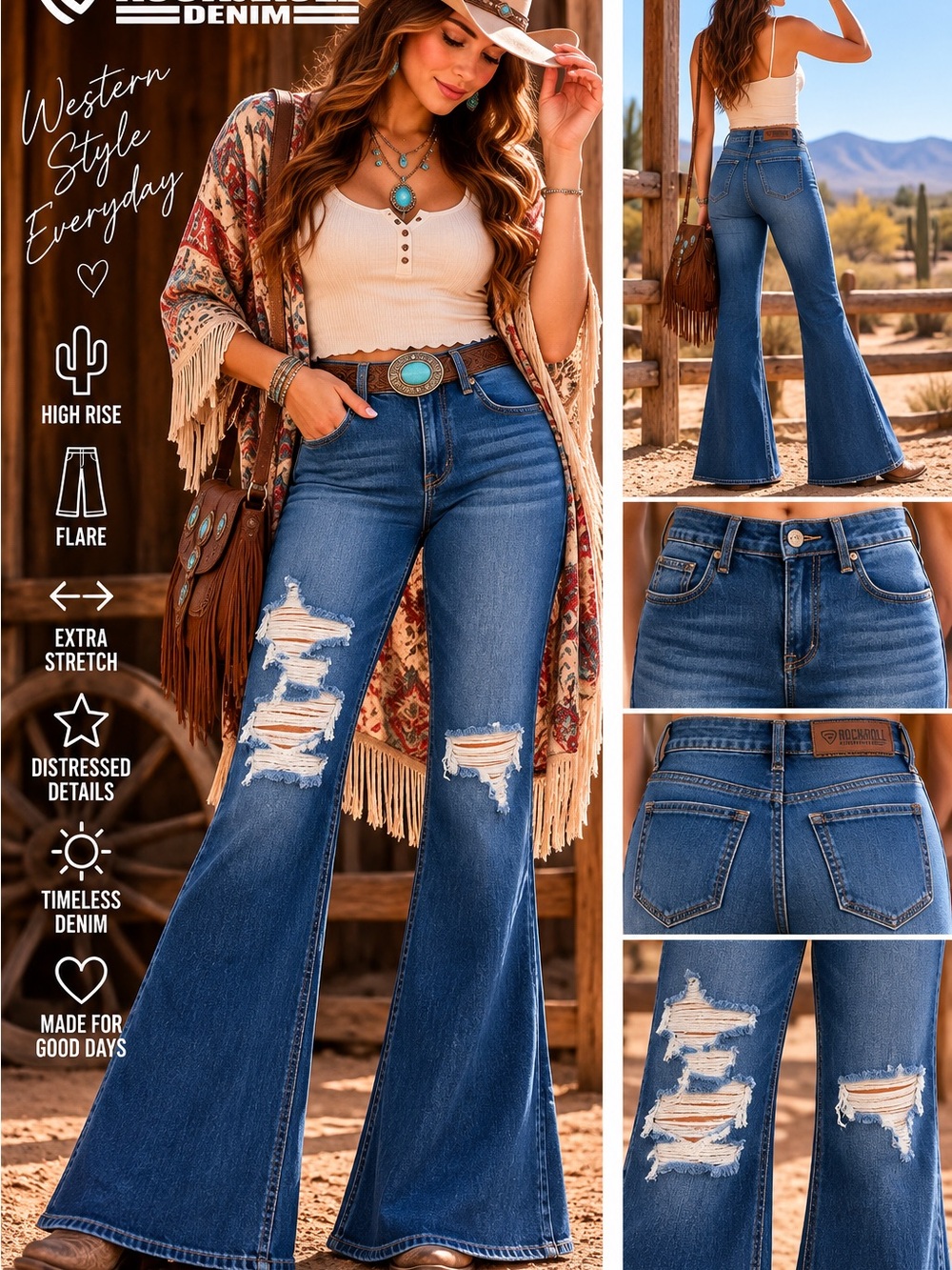 Rock & Roll Denim High Rise Distressed Flare Jeans NWT | 26x32| MSRP $79.99